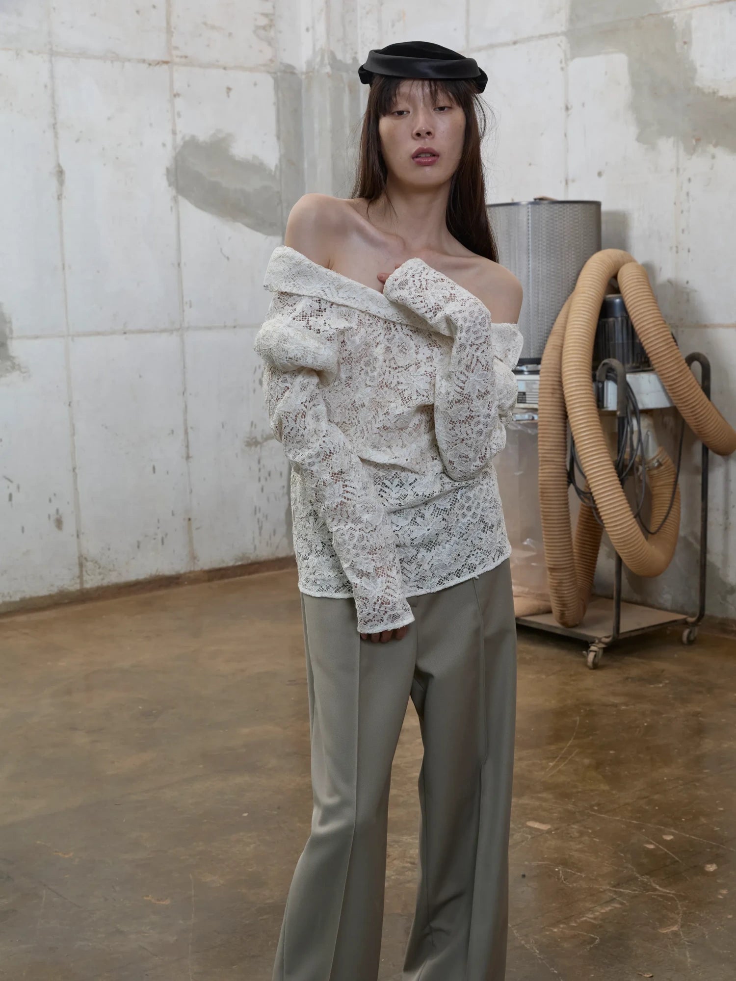 ivory lace puff blouse with off shoulder neckline and elongated scalloped sleeves-1